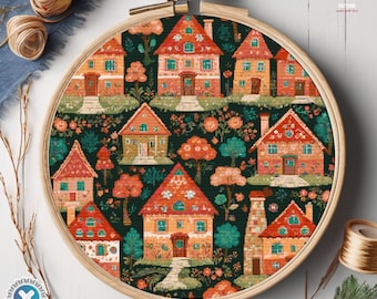 Village cross stitch pattern Houses Folk art town Colorful Countryside Town embroidery City Landscape cross stitch Nature cottagecore chart