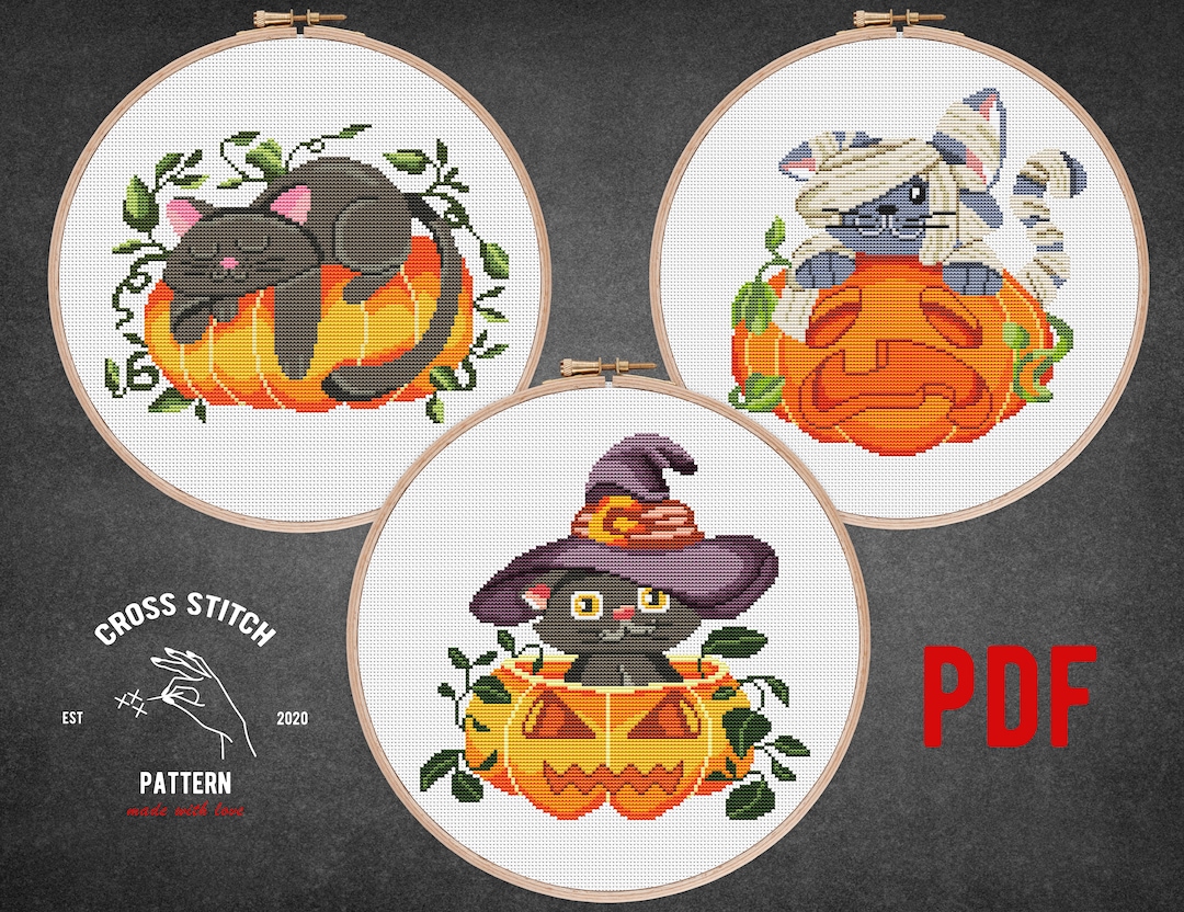 SET of 3 Halloween Cat Cross Stitch Pattern Ghost Pumpkin Embroidery ...