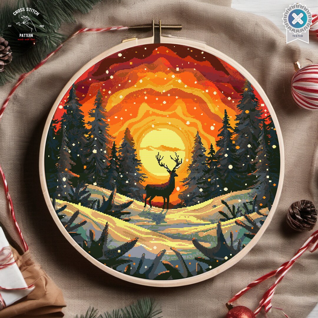 Christmas Deer Cross Stitch Pattern Winter Snowy Forest Embroidery ...