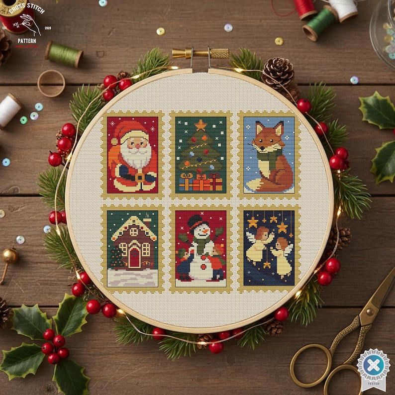 May include: A cross-stitch embroidery hoop featuring six Christmas-themed designs resembling postage stamps. The designs include Santa Claus, a Christmas tree, a fox, a house, a snowman, and two angels. The hoop is surrounded by greenery and red berries.
