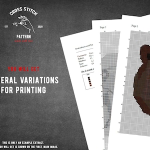 May include: Cross stitch pattern for a brown bear head. The pattern includes 91 stitches and uses 6 colors. The pattern is labeled "Page 1" and is part of a larger set of patterns.