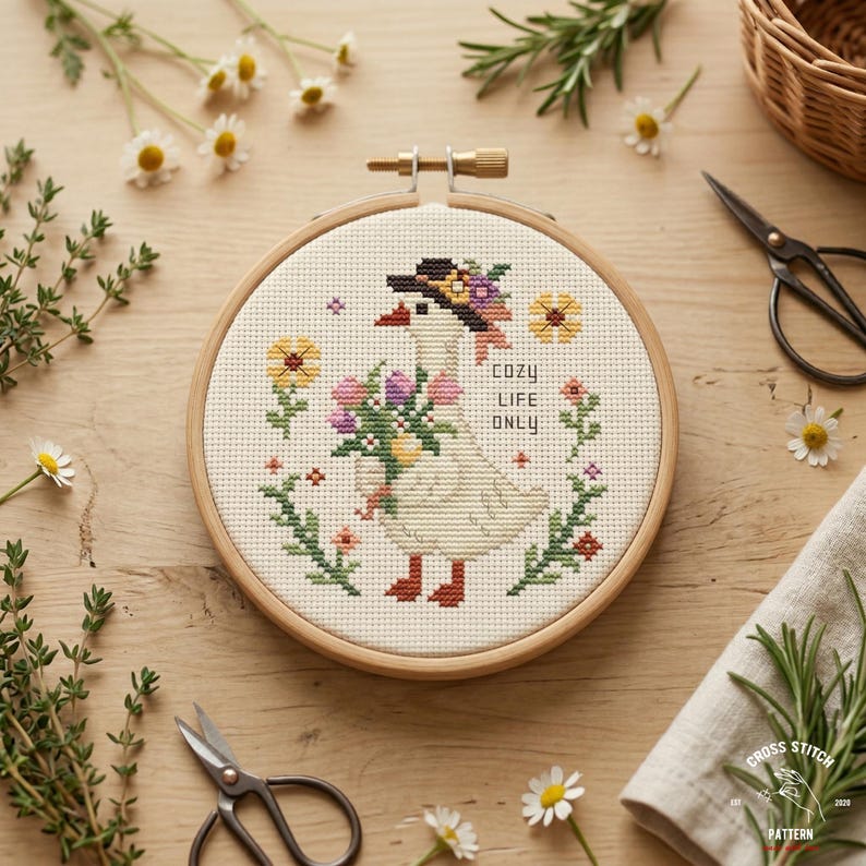 May include: A cross-stitch embroidery hoop featuring a goose wearing a hat and holding flowers. The design includes the text "COZY LIFE ONLY" and is surrounded by floral elements. The hoop is set on a wooden surface with scissors and sprigs of herbs.