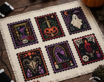Witchy Halloween Cross Stitch Pattern: Mini Stamp Set Spooky Ghost Raven Skull Design (PDF Pattern)