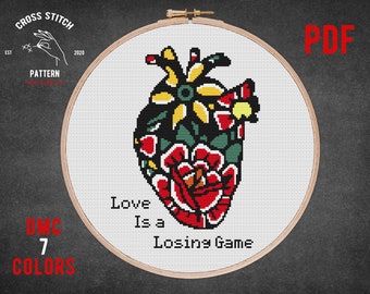 Tattoo style cross stitch pattern, Flower heart vulgar cross stitch pattern with quotes, Human anatomy cross stitch, Embroidery design pdf