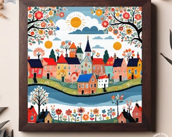 Village cross stitch pattern Colorful Houses Folk art town Floral Cozy cottage embroidery City Landscape cross stitch Nature cottagecore