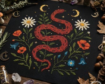 Floral Snake Cross Stitch Pattern: Witchy Occult Serpent, Moon Embroidery (PDF Pattern)
