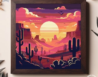 Cactus cross stitch pattern Desert sunset cross stitch Mountain Nature counted chart Modern Landscape cross stitch Succulent cross stitch