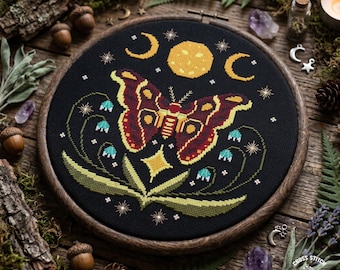 Patrón de punto de cruz de polilla gótica: Bordado oscuro de bruja con triple luna (patrón en PDF)