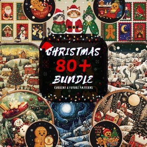 Peut inclure: Plusieurs motifs de point de croix sur le thème de Noël. L'image présente divers motifs, dont le Père Noël, des bonhommes en pain d'épices, des chats en tenues de Père Noël et des paysages d'hiver. Le texte "CHRISTMAS 80+ BUNDLE" est bien visible.