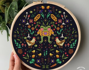 Frog cross stitch pattern Cute Toad cross stitch Chicken cottagecore embroidery Witchy cross stitch Goblincore Gothic Moth embroidery pdf