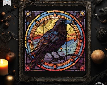 Stained Glass Raven Cross Stitch Pattern Gothic Crow cross stitch Spooky  Halloween embroidery Horror cross stitch Mystic Witchy stitcher