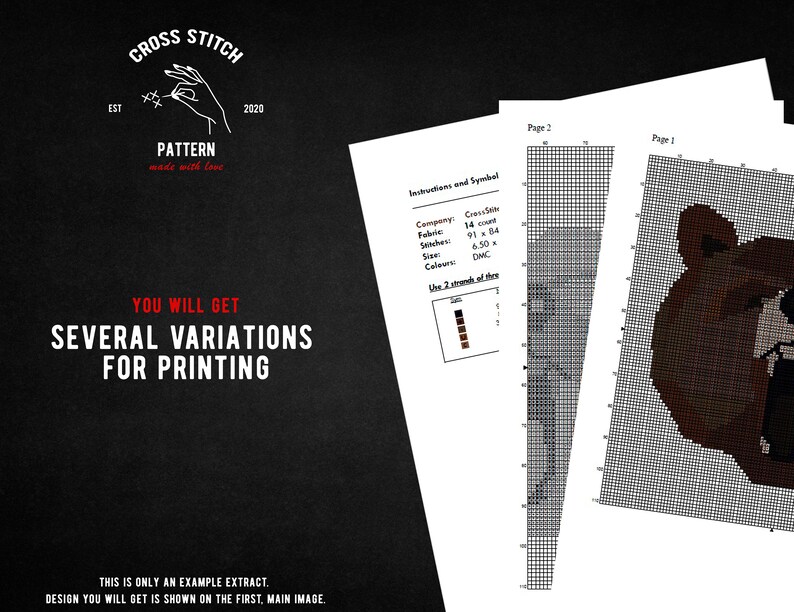 Może przedstawiać: Wz&oacute;r do haftu krzyżykowego przedstawiający brązowego niedźwiedzia z tekstem "You will get several variations for printing" i "This is only an example extract. Design you will get is shown on the first, main image."