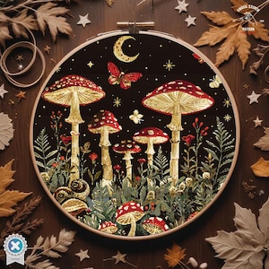 May include: A cross stitch pattern featuring a whimsical forest scene with mushrooms, butterflies, and a crescent moon. The design is set against a dark background with a starry sky.