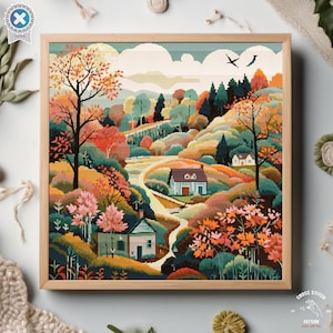Village houses cross stitch pattern Autumn Forest Cottage Modern farmhouse cottagecore Landscape cross stitch Full coverage cross stitch