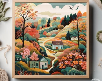 Village houses cross stitch pattern Autumn Forest Cottage Modern farmhouse cottagecore Landscape cross stitch Full coverage cross stitch
