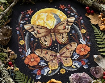 Butterfly Cross Stitch Pattern PDF, Celestial Insect Embroidery Chart, Moon Garden Needlework Design