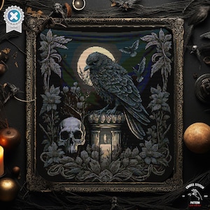 Gothic Raven Cross Stitch Pattern Skull cross stitch Creepy Bat cross stitch Spooky Halloween embroidery Horror Crow cross stitch Full moon