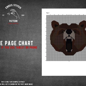 May include: A cross stitch pattern chart for a brown bear with an open mouth. The chart is on a white background with a grid pattern. The text "One Page Chart" is at the top of the chart. The text "Helpful if you use tablet or phone" is below the chart.