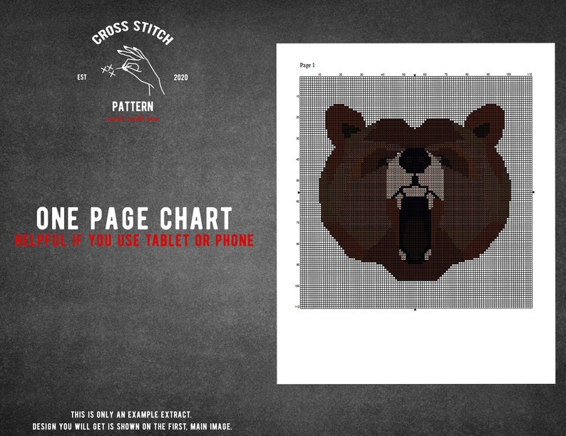 May include: A cross stitch pattern chart for a brown bear with an open mouth. The chart is on a white background with a grid pattern. The text "One Page Chart" is at the top of the chart. The text "Helpful if you use tablet or phone" is below the chart.