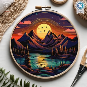 Berg Sonnenuntergang Kreuzstichmuster Vollmond Kreuzstich Natur Kreuzstichmuster Moderne Landschaft Kreuzstich Kreuzstichmuster