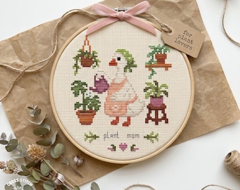 Kruissteekpatroon minigans: Plant Mom Quote Cottagecore-kamerplantborduurwerk (pdf-patroon)