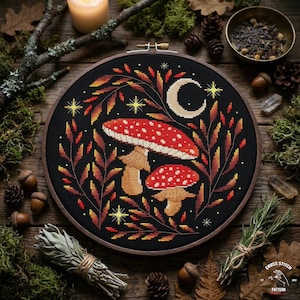 Mushroom Cross Stitch Pattern PDF, Amanita Toadstool Embroidery Chart, Witchy Forest Needlework Cottagecore Design