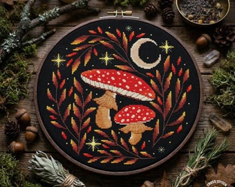 キノコのクロスステッチパターンPDF、テングタケの刺繍図案、魔女の森のニードルワークコテージコアデザイン
