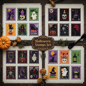 May include: A set of four fabric panels featuring cross-stitch patterns of Halloween-themed postage stamps, including ghosts, skulls, pumpkins, cats, and cauldrons. A wooden sign in the center displays the text Halloween Stamps Set.