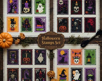 Gothic Halloween Cross Stitch Pattern: 24 Mini Stamp Set Sampler Spooky Gothic Witchy Design (PDF Pattern)