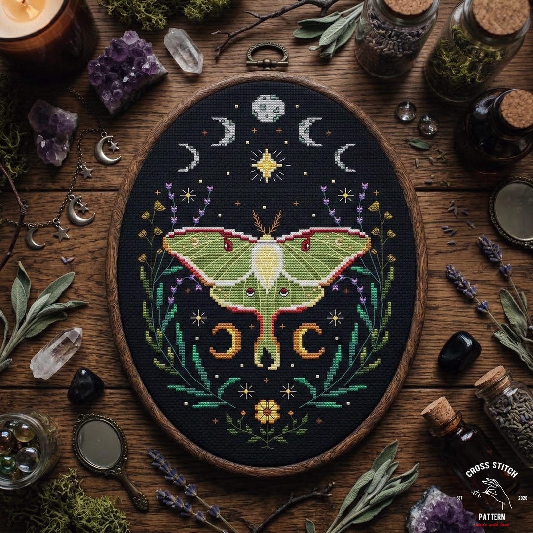 Luna Moth Cross Stitch Pattern PDF, Moon Phase Witchy Butterfly