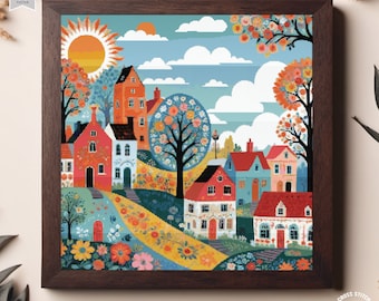Village cross stitch pattern Colorful Houses Folk art town Countryside Town embroidery City Landscape cross stitch Nature cottagecore chart