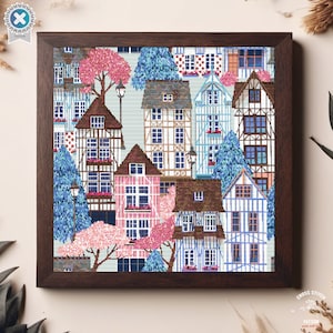 Village houses cross stitch pattern Colorful Townhouse Folk art Cozy Town embroidery City Landscape cross stitch Nature cottagecore chart