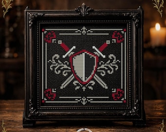 Pode incluir: Um padrão de ponto cruz emoldurado com um desenho de escudo e espadas cruzadas em vermelho, branco e preto. A moldura é marrom escuro com detalhes ornamentados. As palavras "Cross Stitch Pattern" estão na parte inferior.