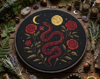 Snake & Roses Cross Stitch Pattern, Witchy Goth Reptile Embroidery (PDF Pattern)