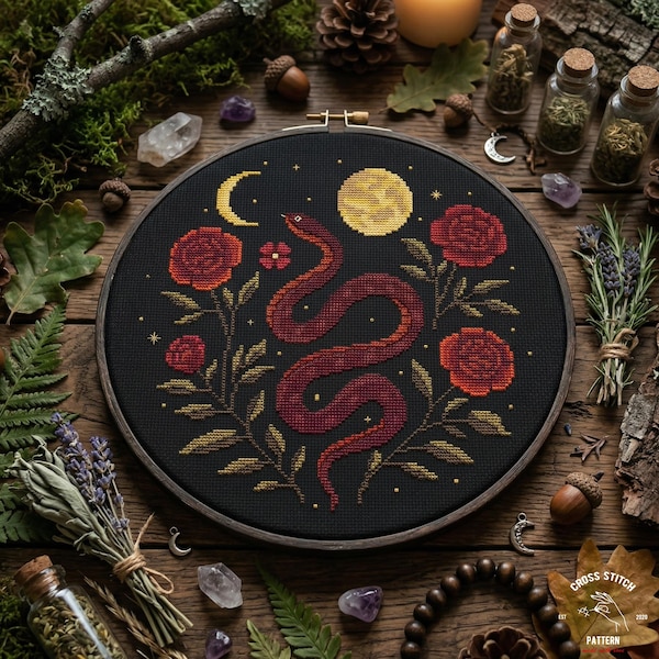 Snake & Roses Cross Stitch Pattern, Witchy Goth Reptile Embroidery (PDF Pattern)