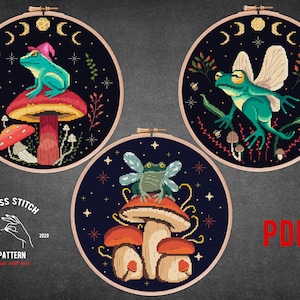 Frog cross stitch pattern Witchy cross stitch Mushroom cross stitch Goblincore embroidery Witch aesthetic Gothic xstitch Moth cross stitch