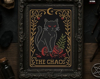 Gothic Black Cat counted Cross Stitch Pattern, Witchy Tarot Embroidery, Occult Moon Cat, Spooky Dark Cottagecore (PDF chart)