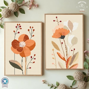 Padrão de ponto cruz de plantas, design floral moderno, bordado vibrante, kit faça você mesmo, arte de parede com flores ousadas, gráfico de arte de parede com decoração botânica colorida