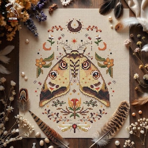 Folk Moth Cross Stitch Pattern PDF, Botanical Insect Embroidery Chart, Boho Butterfly Nature Needlework Design