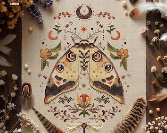 Folk Moth Cross Stitch Pattern PDF, Botanical Insect Embroidery Chart, Boho Butterfly Nature Needlework Design