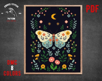 Padrão de ponto cruz de mariposa, ponto cruz de bruxa, borboleta, borboleta, fase da lua, bordado, ponto cruz gótico, tema de cogumelos, decoração cottagecore