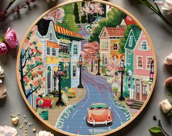 Colorful Village Houses cross stitch pattern Folk art town Floral cottage embroidery City Forest Landscape cross stitch Nature cottagecore