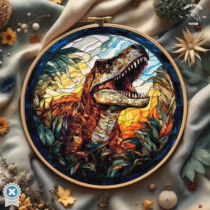 May include: A cross stitch pattern of a Tyrannosaurus Rex in a stained glass style. The dinosaur is brown and green with a yellow and orange background. The pattern is framed in a wooden hoop.