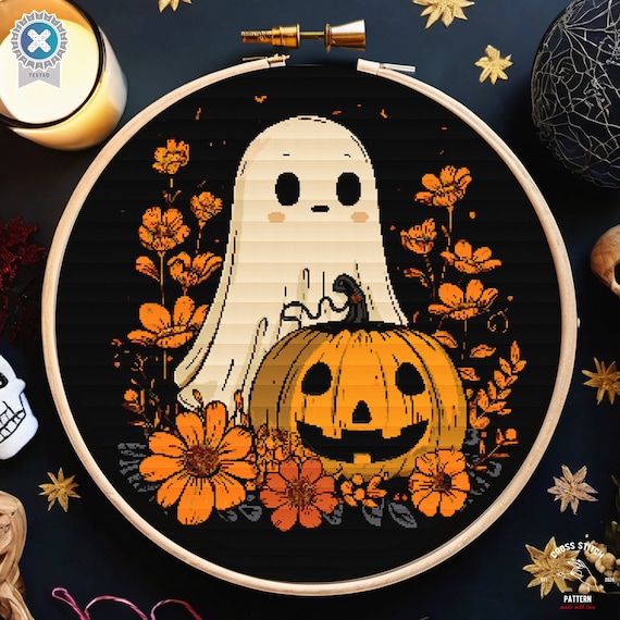 Halloween Ghost cross stitch pattern Creepy Graveyard Spooky cross stitch jack o lantern Bat cross stitch Pumpkin cross stitch Cute ghost