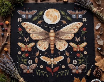 Moth Cross Stitch Pattern PDF, Celestial Insect Embroidery Chart, Moon Butterfly Needlework Design
