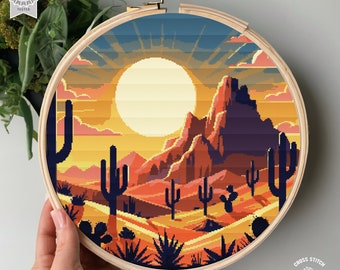Cactus cross stitch pattern Sunset in Desert cross stitch Mountain Nature counted chart Modern Landscape cross stitch Full coverage xstitch
