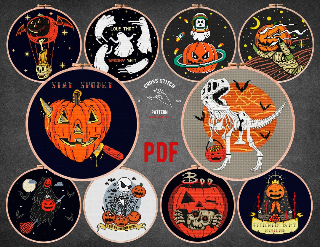 Halloween Ghost Cross Stitch Pattern Pumpkin Skeleton Embroidery Spooky ...