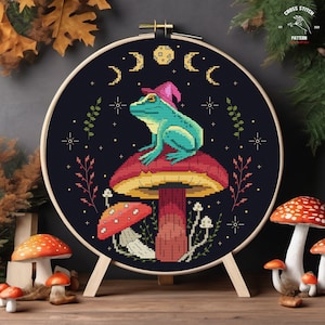 Frog cross stitch pattern Mushroom cross stitch Witchy cross stitch Goblincore embroidery Crescent moon Gothic xstitch Moth cross stitch