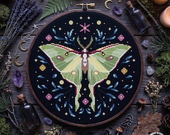 Luna Moth Cross Stitch Pattern PDF, Green Moon Moth Embroidery Design, Insect Gothic Needlework Chart