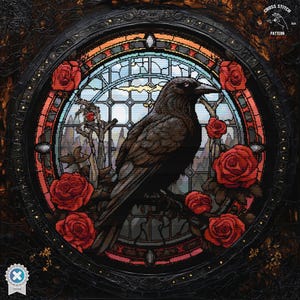 May include: A black raven perched on a branch with red roses in a stained glass window design. The window is framed in black with a gold border. The raven is looking to the right. The roses are in bloom and have green leaves.